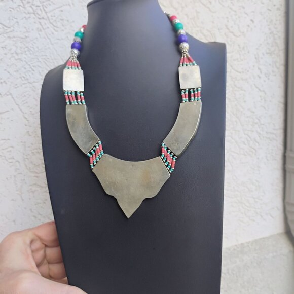 Handmade Tibetan Silver Turquoise Coral Lapis Lazuli Necklace Tribal - Picture 5 of 10